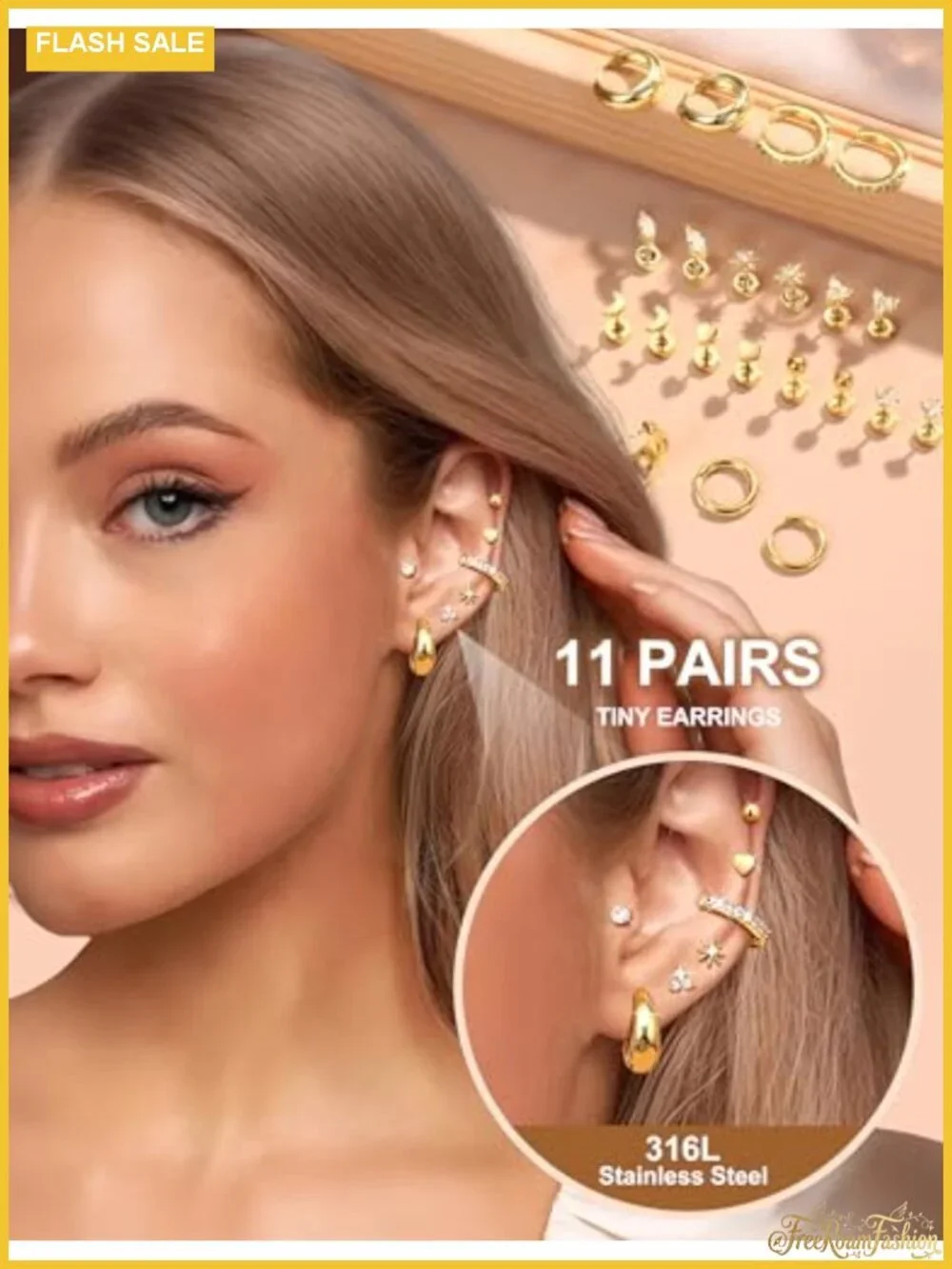 14K Gold Plated Surgical Stainless Steel Flat Back Earring Set with Huggie Hoops